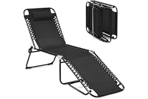 GYMAX Tanning Chair, Extra High Lounge Chair with Removable Pillow, Detachable Side Pocket & Adjustable Backrest, Folding Chaise Lounger for Sunbath, Layout Beach Chair for Indoor/Outdoor (1, Black)