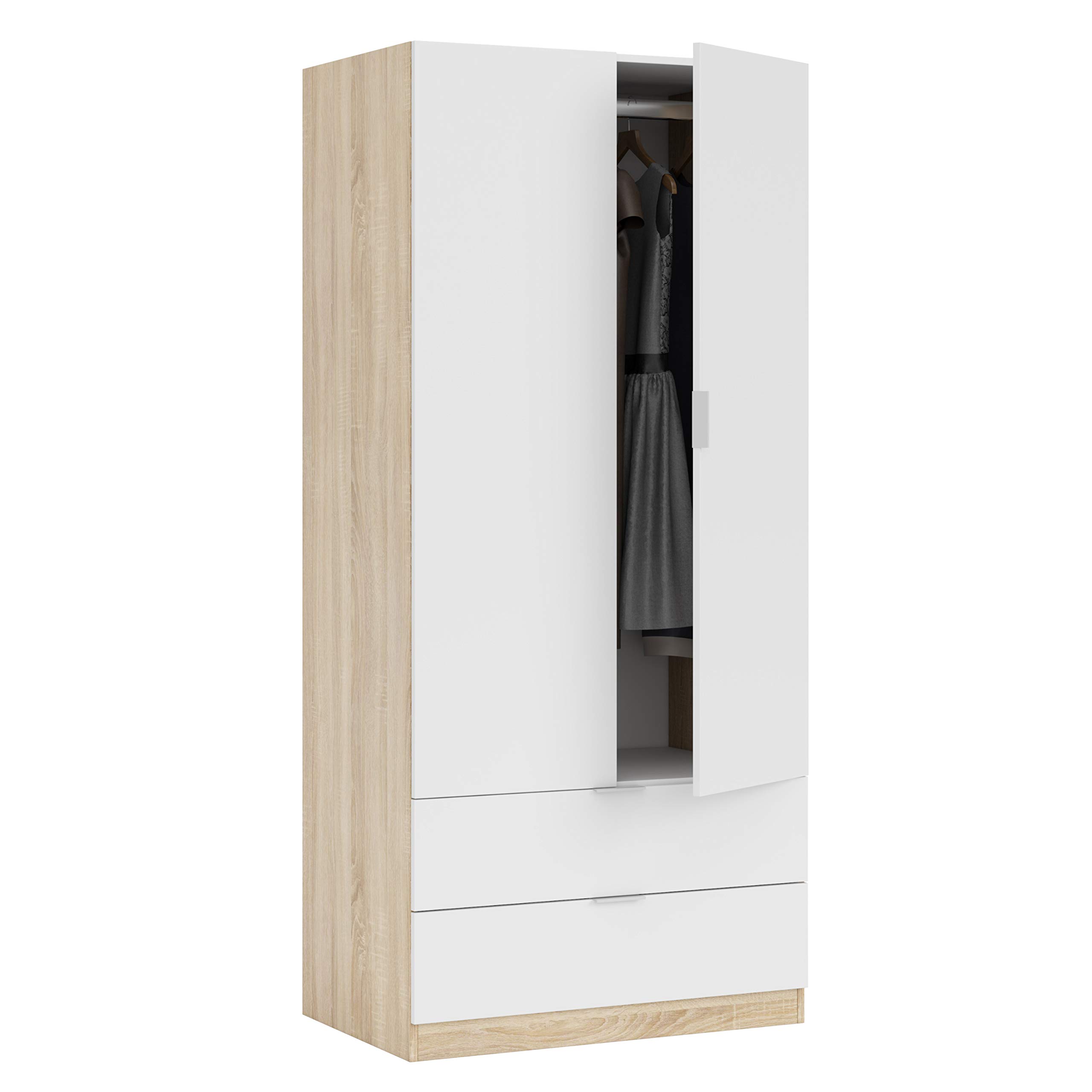 Habitdesign-Armario-de-2-Puertas-y-2-cajones-Acabado-en-Color-Blanco-Artik-y-Roble-Canadian-Medidas-81-cm-Ancho-x
