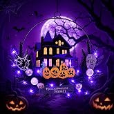Amadecohome Halloween Wreath with Lights, 15.7 Inch, 6H On/18H Off Timer | Sturdy metal frame with wood accents and realistic faux branches, cordless battery design, and hook for easy hanging.