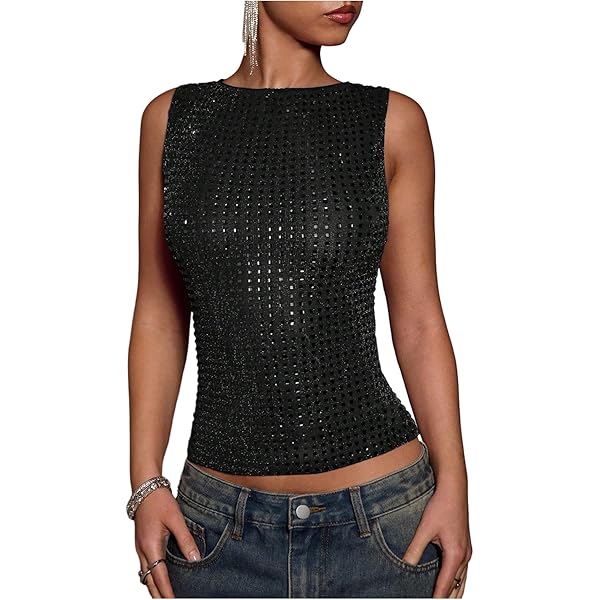 トップス Babylclub rhinestone sleeveless top OYOANGLE Women's Sparkly Rhinestone Shirt Sleeveless Crew Neck