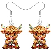 NEWEI Acrylic Cute Christmas Highland Cow Dangle Earrings Scottish Holiday Gifts for Women, Novelty Xmas Farm Animal Cattle with String Lights Winter Jewelry Accessories