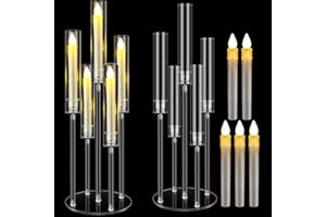 FOLDTIER 1 Set 5 Arm Acrylic Candelabra Clear Candle Holder for Wedding 27inch Tall Floor Candle Holders with LED Candles and Shade for Christmas Party Fireplace Valentine's Day Decoration