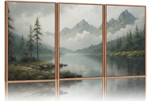 SIGNINART Large Misty Mountain Framed Canvas Wall Art, Green Forest River Scenery Wall Decor, Modern Foggy Wooden Landscape Artwork, Oil Style Nature Art Print for Living Room Bedroom Office 24"x36"x3