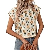 Womens Spring Trendy Crop Tops Crew Neck Cap Sleeve Cute Flower Knit Sweater Summer Trendy Vacation Pullover Tops