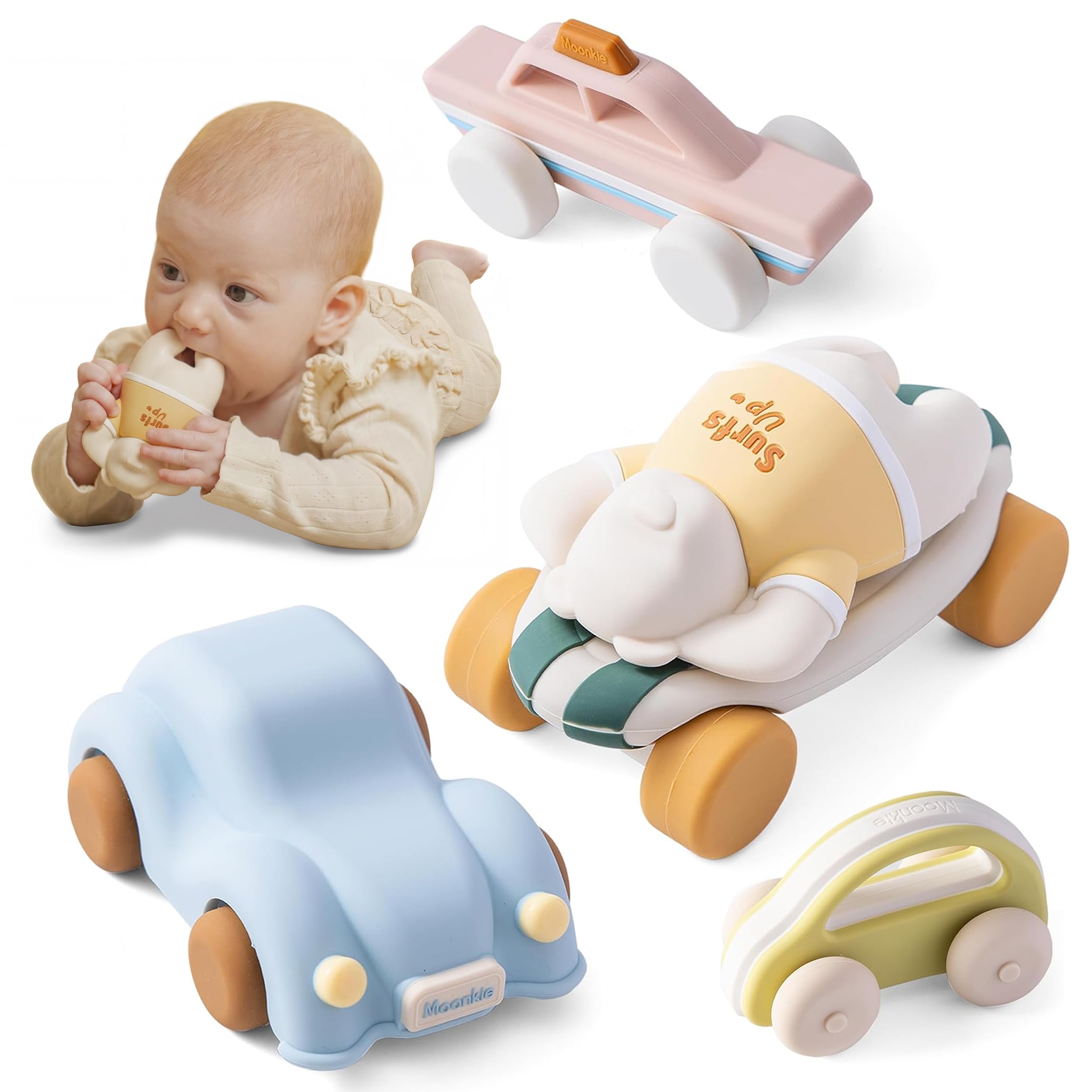 Moonkie Food Grade Silicone Toy Cars for Babies & Toddlers, Push and Go Baby Cars, Soft Baby Teething Toys for 6-12 Months, Easy-to-Hold Hollow Body, Birthday Gift for Boys & Girls, 5 Pack