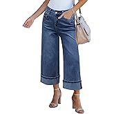 GRAPENT Wide Leg Jeans for Women High Waisted Stretchy Denim Crop Pants Fold Hem Cropped Baggy Jeans with Pockets