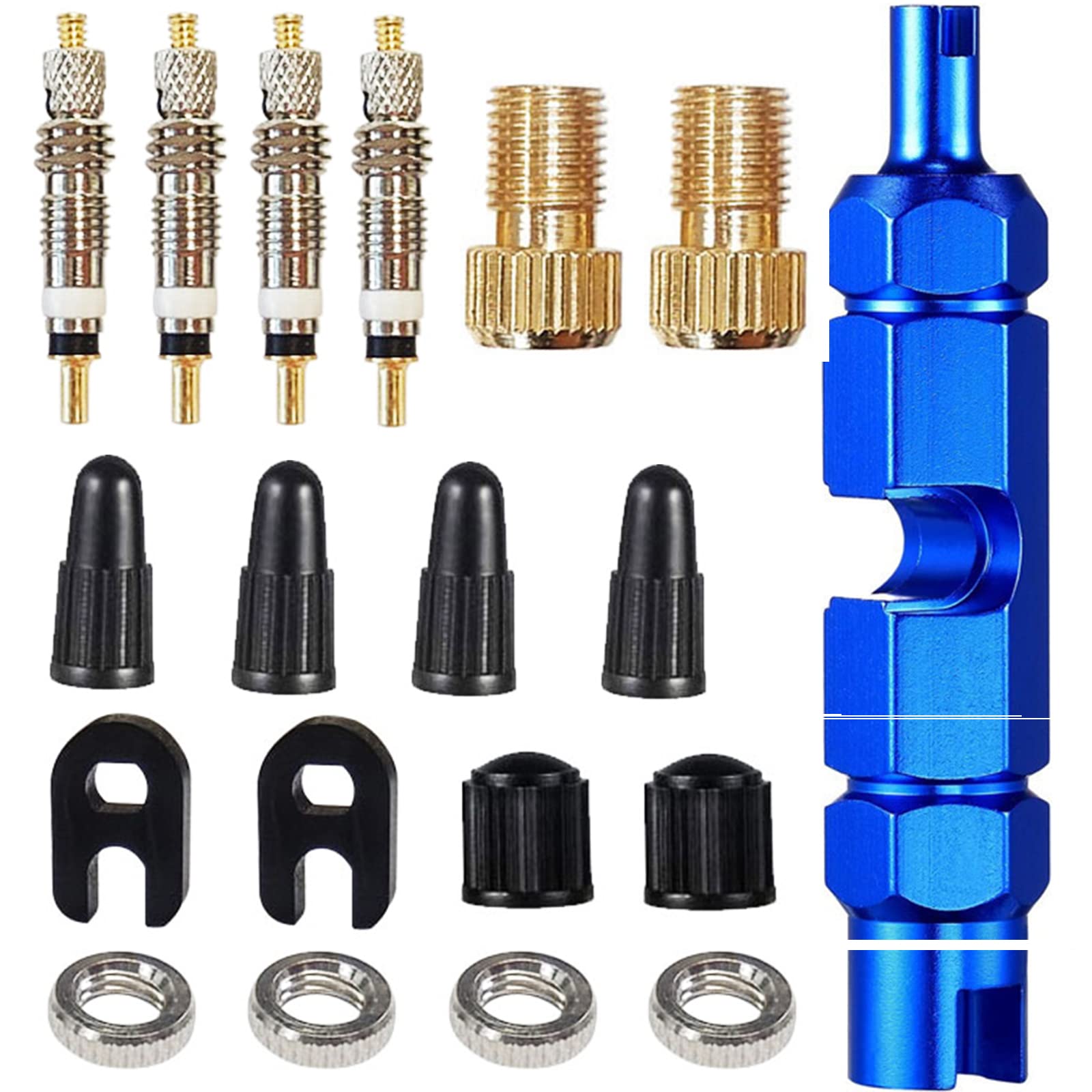 Dilightnews 2TC5197 19 Pieces French Presta Valve Sclaverand Bicycle Valve Replacement Set, French Bicycle Valve Adapter Set, SV Adapter Bicycle Pump Adapter Attachment Valve Insert Tool Set