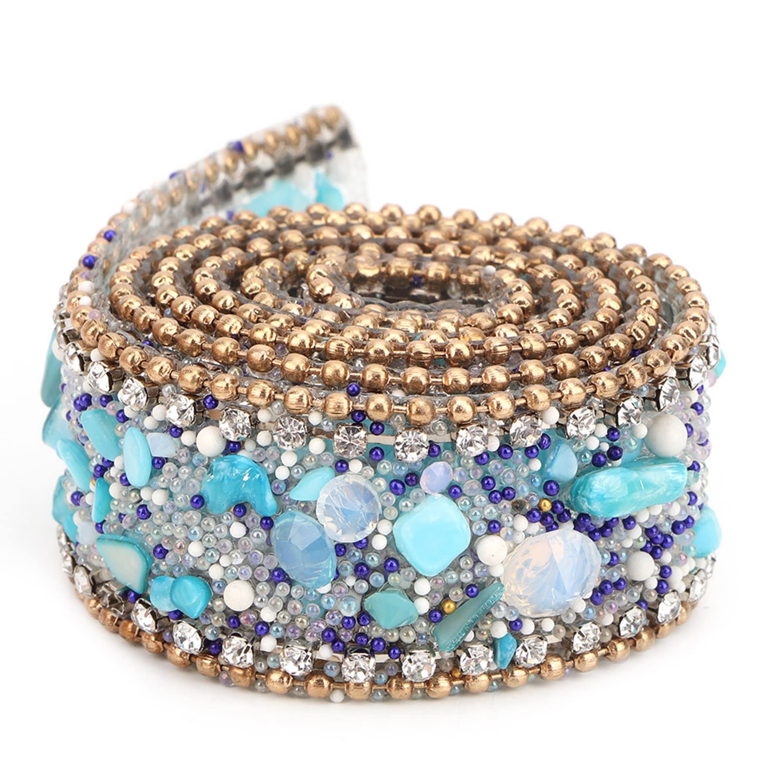 Crystal Chain Trim Ribbon Rhinestones Diamond Ribbon Mesh Wrap Roll Crystal for Arts Crafts DIY Party Decor (Blue Stone + Gold Bead Diamond Chain)