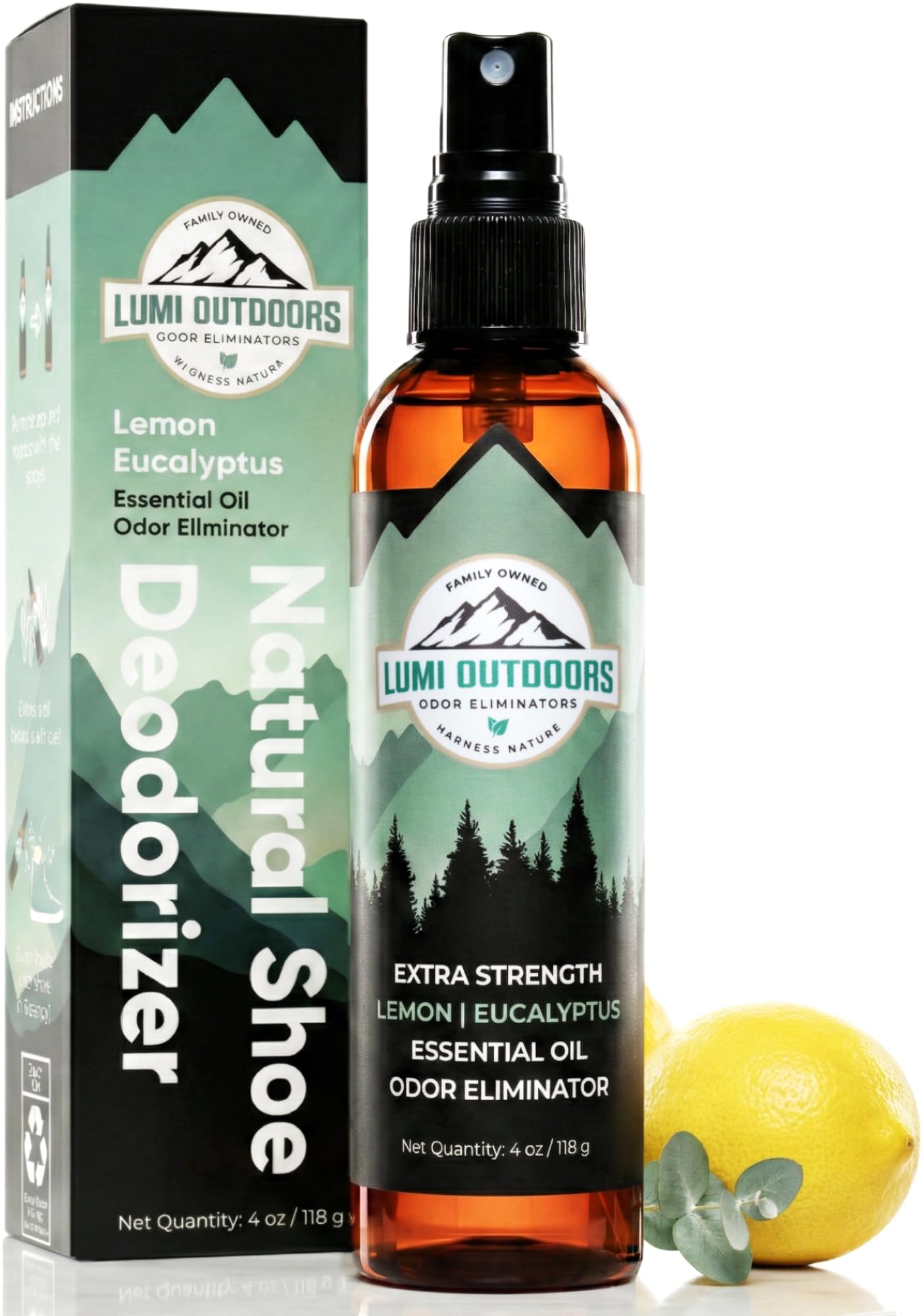Lumi Outdoors Natural Shoe Deodorizer Spray & Foot Odor Eliminator- Extra Strength- Eucalyptus Lemongrass