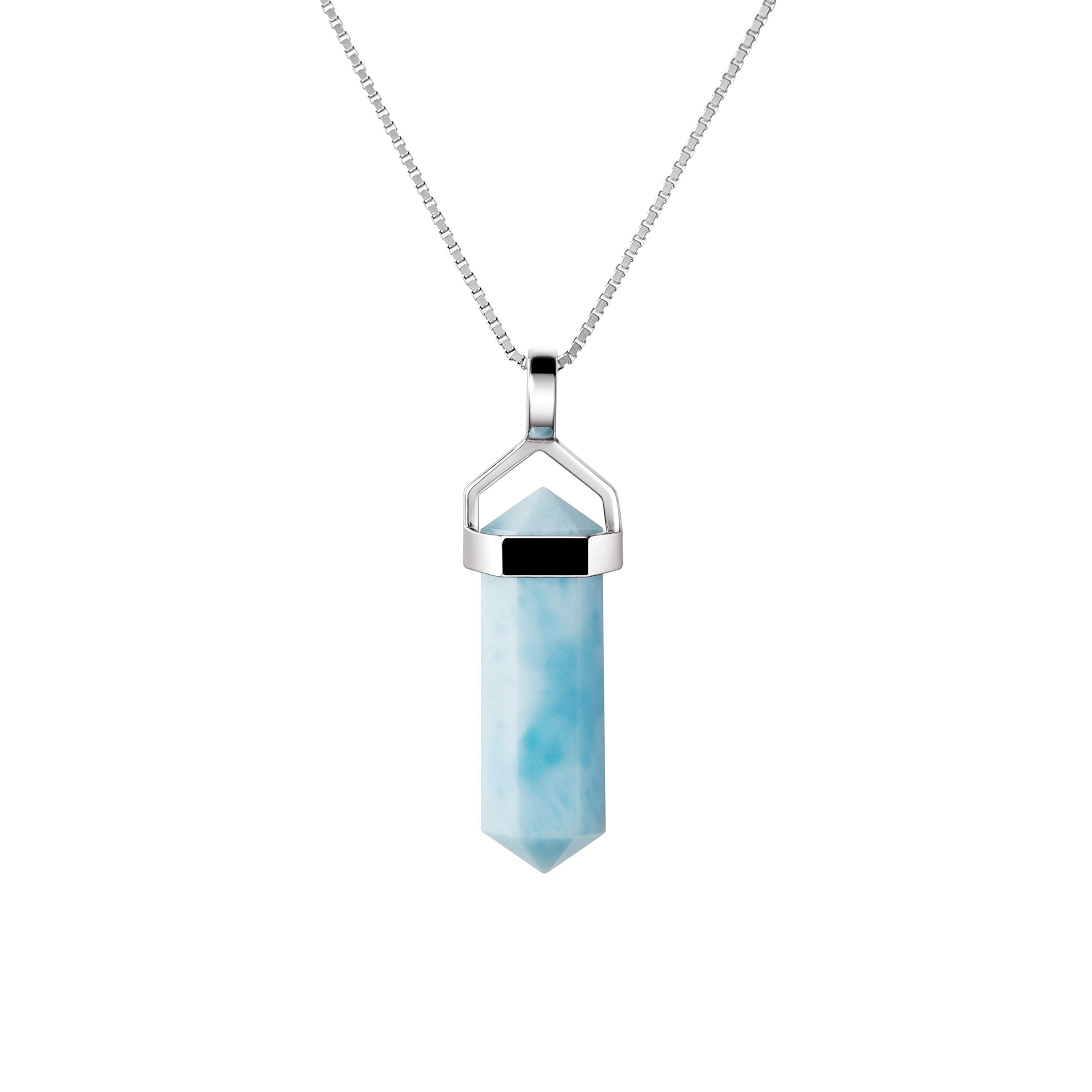 Franki Baker Dainty Larimar Gemstone Double Point Pendant with Sterling Silver. Length: 50cm