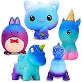 Large Squishies Toy Gifts 5 Pcs, Including Cat, Rabbit, Elf, Unicorn, Dinosaur, Starry Blue Giant Squeeze Kawaii Toy, Creamy