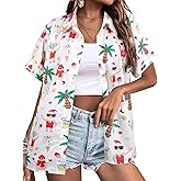 Christmas in July Shirt for Women Hawaiian Xmas Button Down Shirts Funny Santa Claus Tshirt Casual Holiday Tee Tops