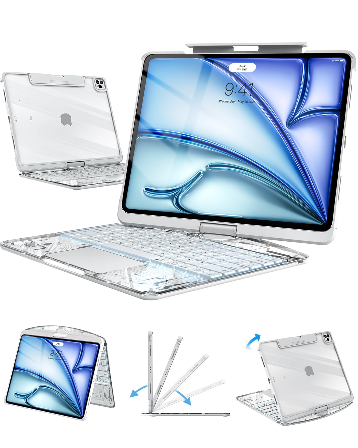 Photo 1 of Transparent Keyboard Case for iPad Air 13 Inch (M3/M2 2025/2024) & iPad Pro 12.9 Inch (6th/5th/4th/3rd Gen), 7-Color Backlit Wireless Keyboard with Touchpad, 360° Rotating Stand, Pencil Holder, White