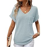 Dokotoo Womens Waffle Knit Tops 2026 Spring Summer V Neck Shirts Casual Trendy Women's Blouses Basic Tee