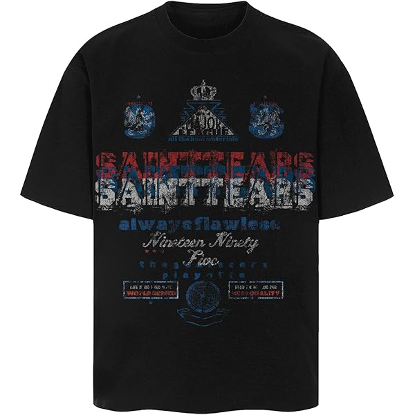 SAINT TEARS ダークグレー Tシャツ Men's Saint Graphic Print Cotton Crewneck Short Sleeve Tops