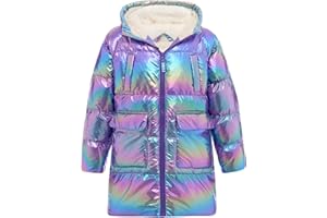 Cutemile 5-12 Years Girls Winter Long Fleece Coat Parka Metallic Puffer Jacket Outwear with Hooded