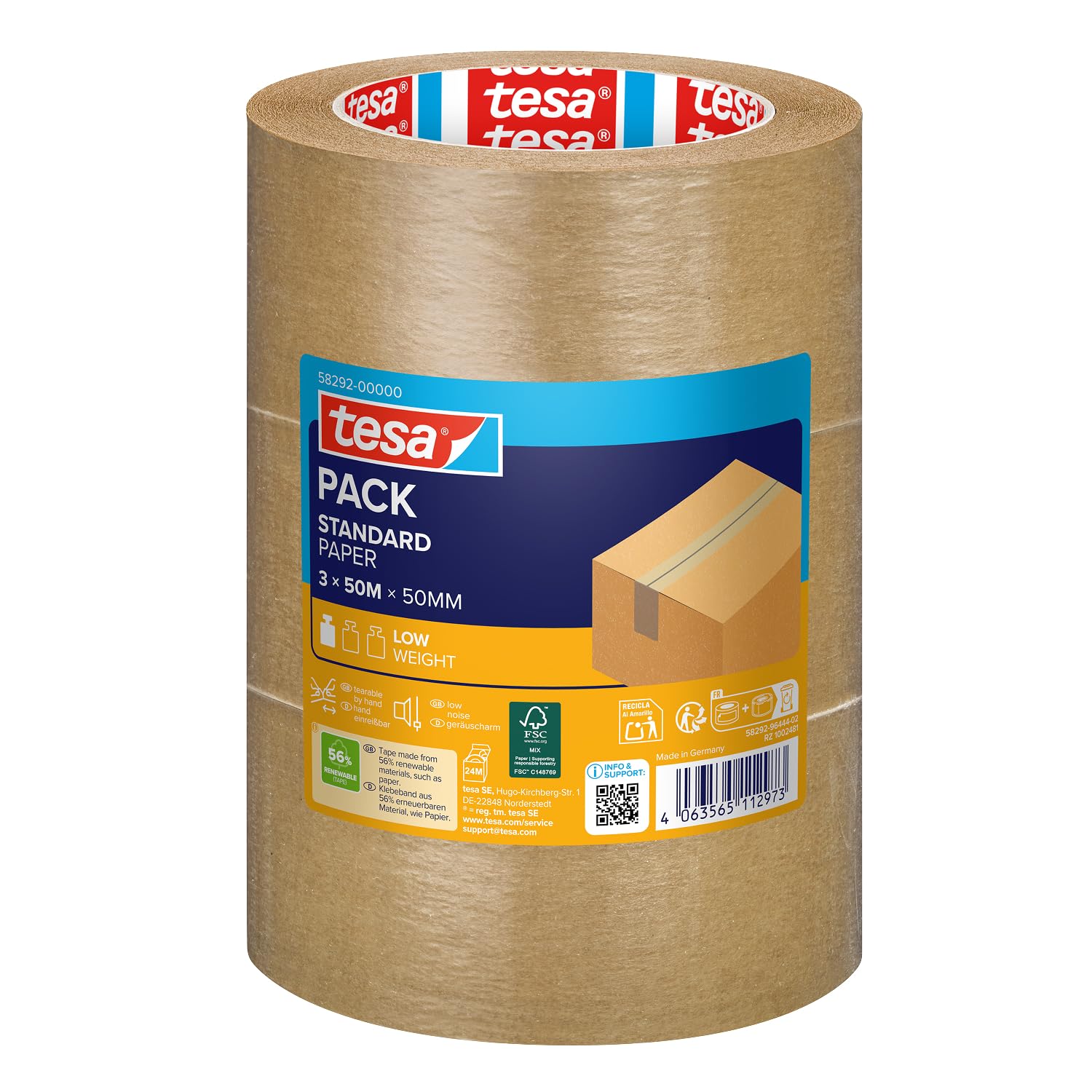 tesa UK Pack Paper Standard - Eco-Friendly Paper Packaging Tape, 56% bio-Based Material - Effective and Easy to Recycle - Brown - 3X 50 m x 50 mm