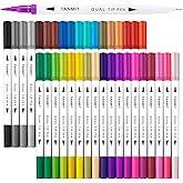 Dual Brush Marker Pens for Coloring Books, Tanmit Fine Tip Coloring Marker & Brush Pen Set for Journaling Note Taking Writing