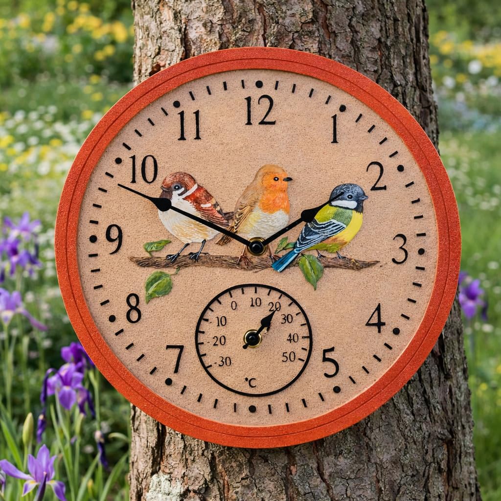 Garden Mile 30cm Bird Design Garden Clock and Thermometer Durable Quarts Clocks Outdoor Wall Ornament Decorative Wall Clock for Patio, Kitchen, Livingroom Décor