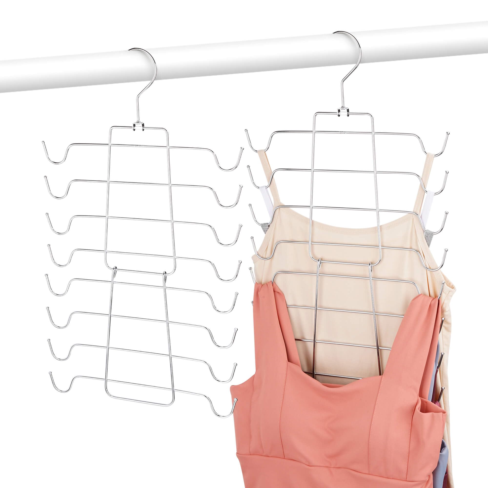 OMHOMETY 2 Pack Tank Top Hanger for Wardrobe,Multi Space Saving Bra Hanger, Foldable Metal Hanging Clothes Holder, Wardrobe Storage Organiser, Silver