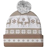 Livcoz Winter Reindeer Knit Beanie for Adult Men Women, Brown White Snowflake Cuffed Stretchy Woolen Yarn Warm Hat with Pompom, Christmas Soft Knitted Crochet Cap