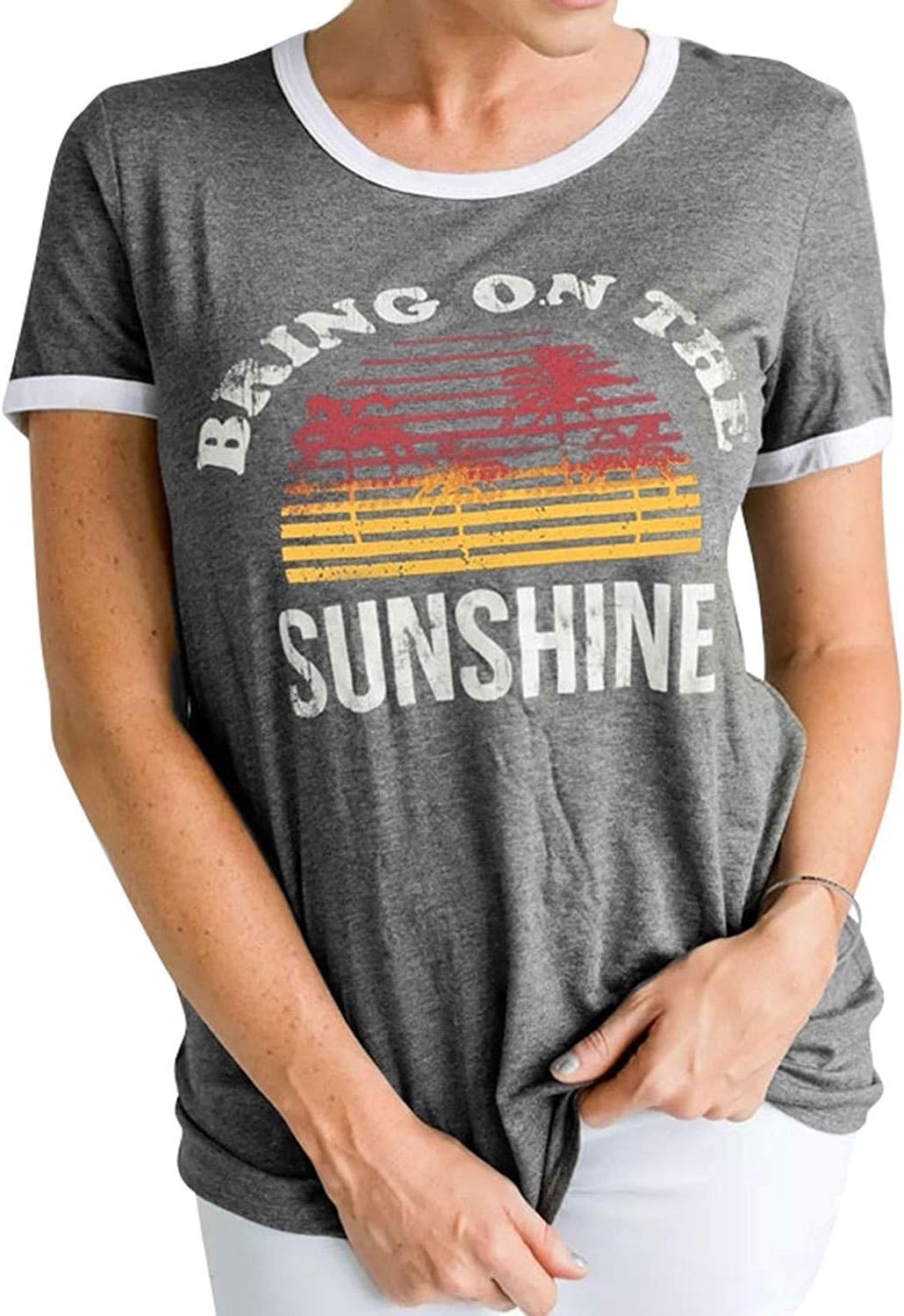 Bring On The Sunshine T-Shirt Top Women's Casual Short Sleeve Letter Print Tees Blouse