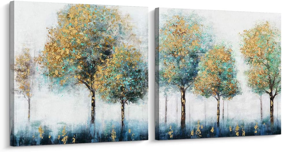 Pigort Shining Gold and Green Trees Painting Canvas Wall Art Gold Foil Embellished Landscape Wall Decor for Living Room Bedroom Office (32x32 inch, SET)