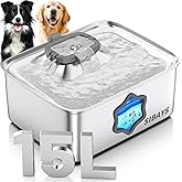 SIBAYS 4Gal/15L Dog Water Fountain, Stainless Steel Pet Water Fountain with Water Level Window & LED Light, Quiet Automatic Dog Water Bowl Dispenser for Large Dogs & Multi-Pet, Easy to Clean FS81