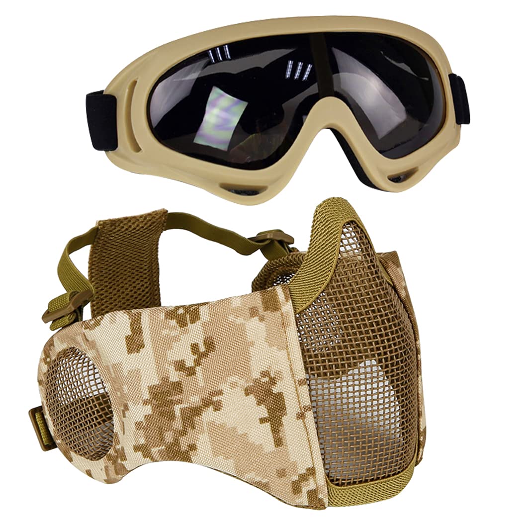 Airsoft Protective Gear Set, Half Face Mesh Masks with Ear Protection and Goggles Set for CS/Hunting/Paintball/Shooting (DD)