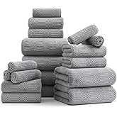18 Pcs Gray Woven Family Towels Set-6 Bath Sheets,6 Hand Towels,6 Washcloths Soft Microfiber Towels Absorbent Shower Towel Quick Dry Beach Chair Towel Lint Less Towels Set for Bathroom Spa Gym Hotel