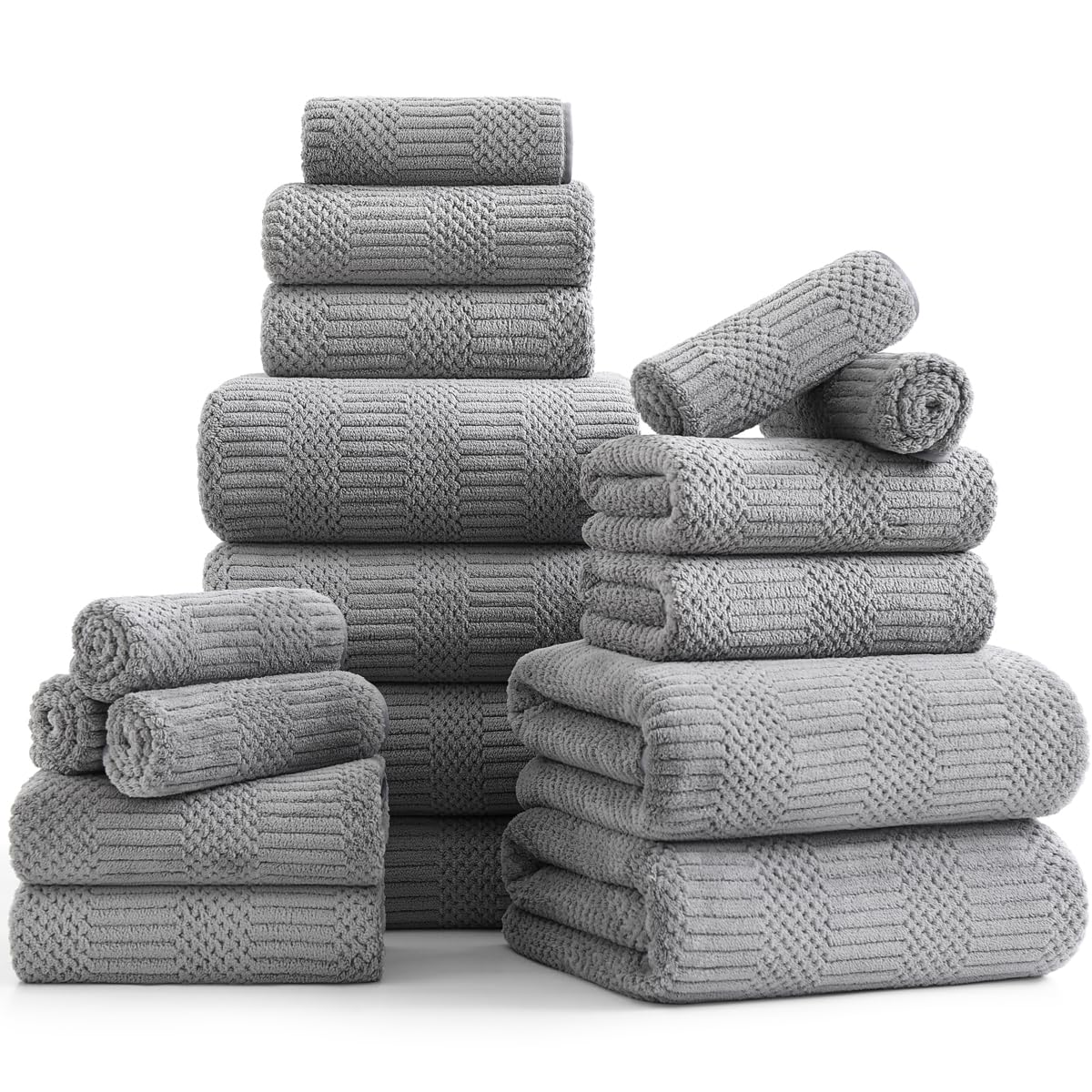 Photo 1 of 18 Pcs Gray Woven Family Towels Set-6 Bath Sheets,6 Hand Towels,6 Washcloths Soft Microfiber Towels Absorbent Shower Towel Quick Dry Beach Chair Towel Lint Less Towels Set for Bathroom Spa Gym Hotel