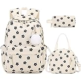ACESAK Backpack for Girls - Corduroy Girls Backpack with Lunch Bag & Pencil Pouch for Teen Kids Laptop Backpack for Women, Middle High School Bookbag Travel Daypack (Beige Flower)