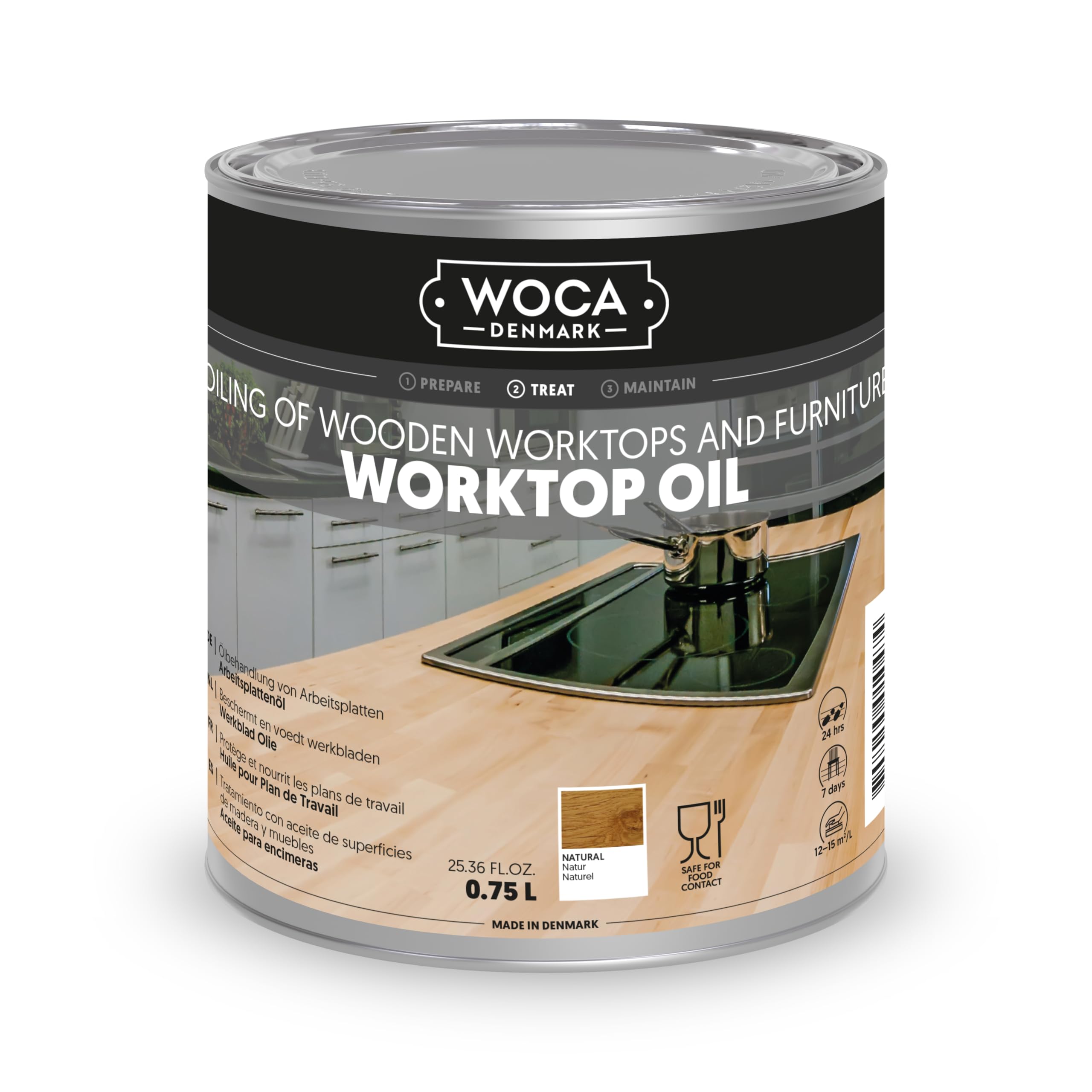 WOCA Denmark Worktop Oil Natural |750 ml| Finish & Restore Wood Butcher Block countertops, Cutting Boards, Kitchen Furniture and Other Wood Items Naturally. Food Contact Safe
