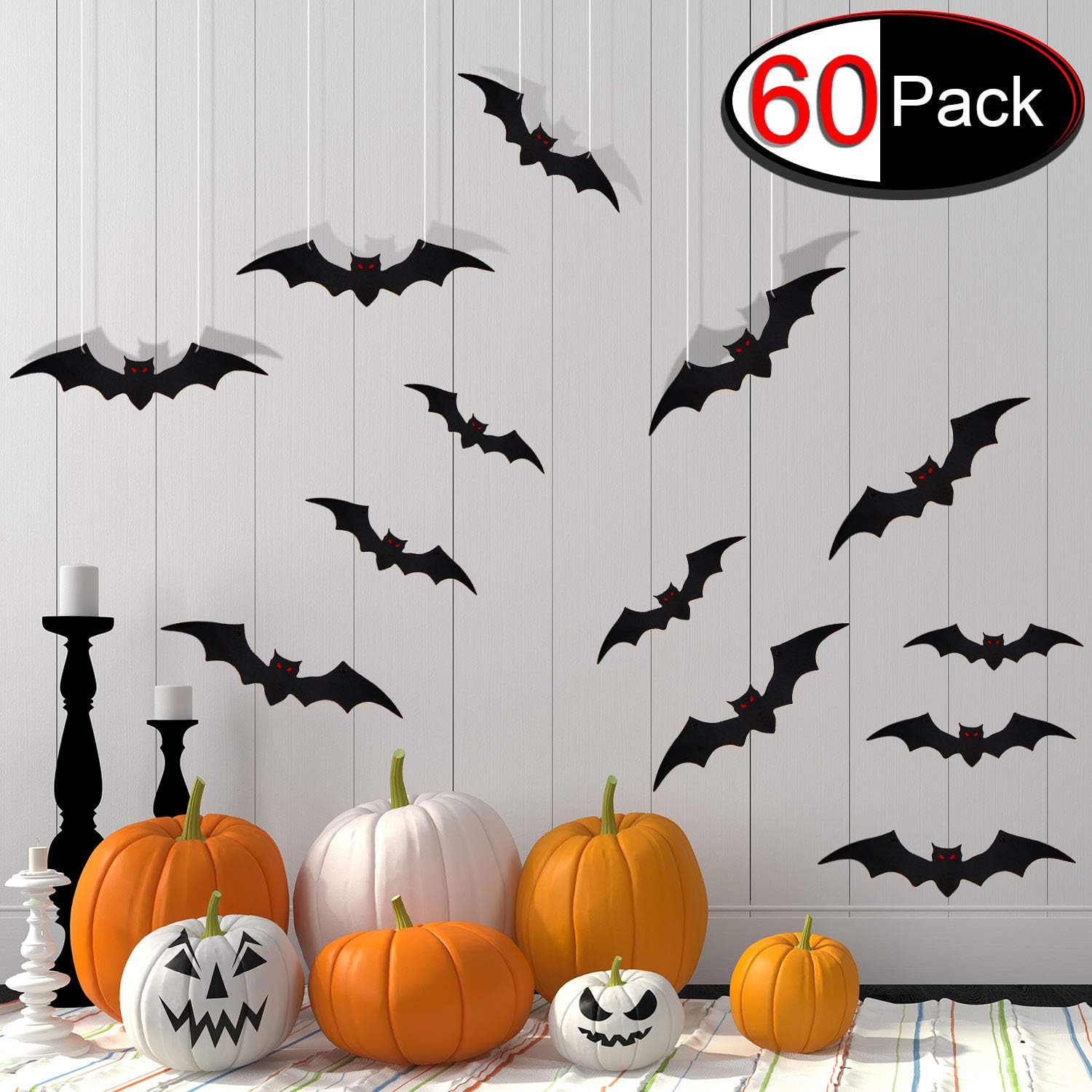 60 Pieces Halloween Bat Cutouts Hanging Bats for Home Decor, 3D Black