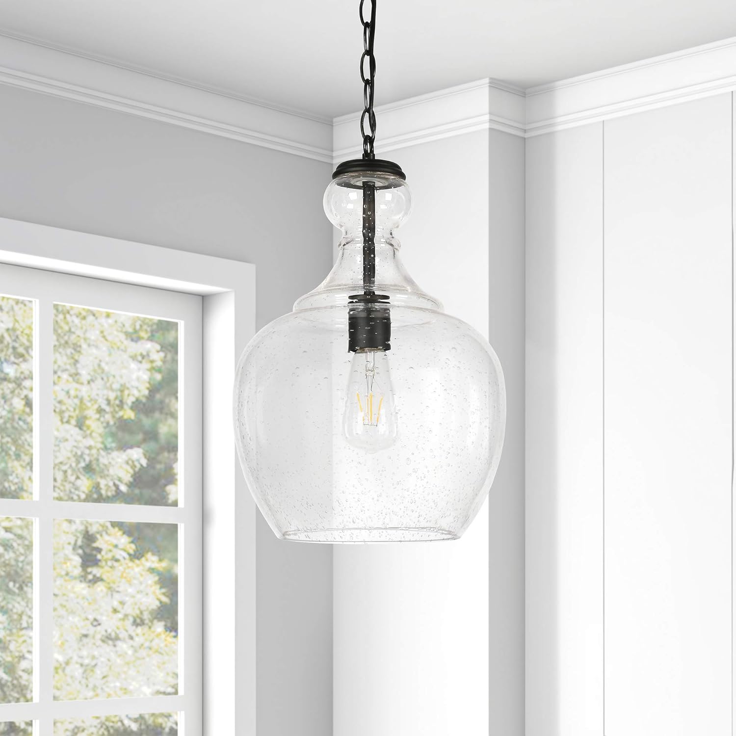 Henn&Hart PD0272 Industrial 1 Contemporary Blackened Bronze with Seeded Glass Shade for, Kitchen, Dining, Living Room, Foyer Pendant Light, Black: Home Improvement