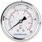 UHARBOUR Glycerin Filled Pressure Gauge 100psi/7bar, Stainless Steel case, Brass Inside Construction, 2-1/2" dial, 1/4" NPT B