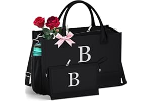 QLOVEA Initial Black Canvas Tote Bag & Makeup Bag with Zipper Adjustable Strap, Personalized Present Bag for Women Birthday