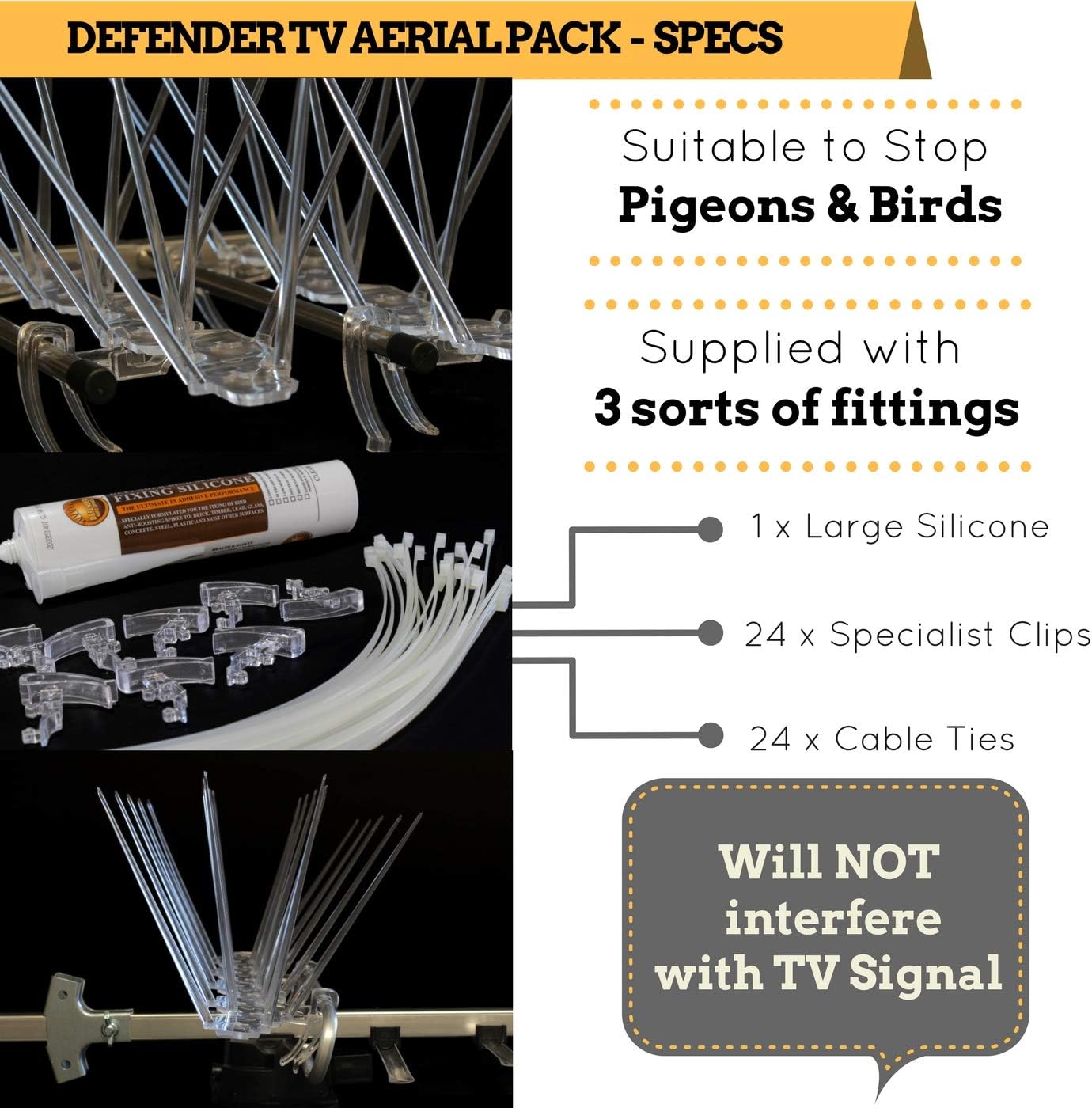 Defender Bird Spikes TV Aerial Pack Glue, Cable Ties & Clips