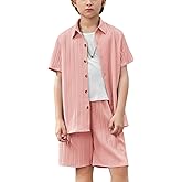 Arshiner Boy's Textured Button Up Shirt and Shorts Set 2 Piece Summer Beach Outfit for 5~12 Years Kids