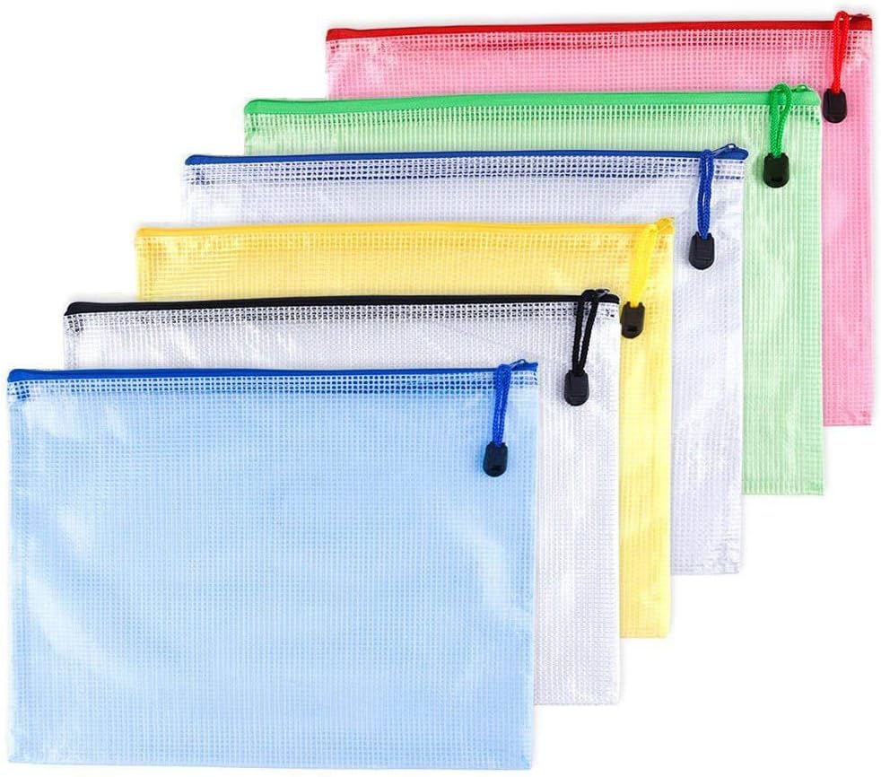 B5-Waterproof Tear-Resistant Plastic Zipper Pen File Document Folders Pockets Travel Bags,6-Pcs,Multicolor