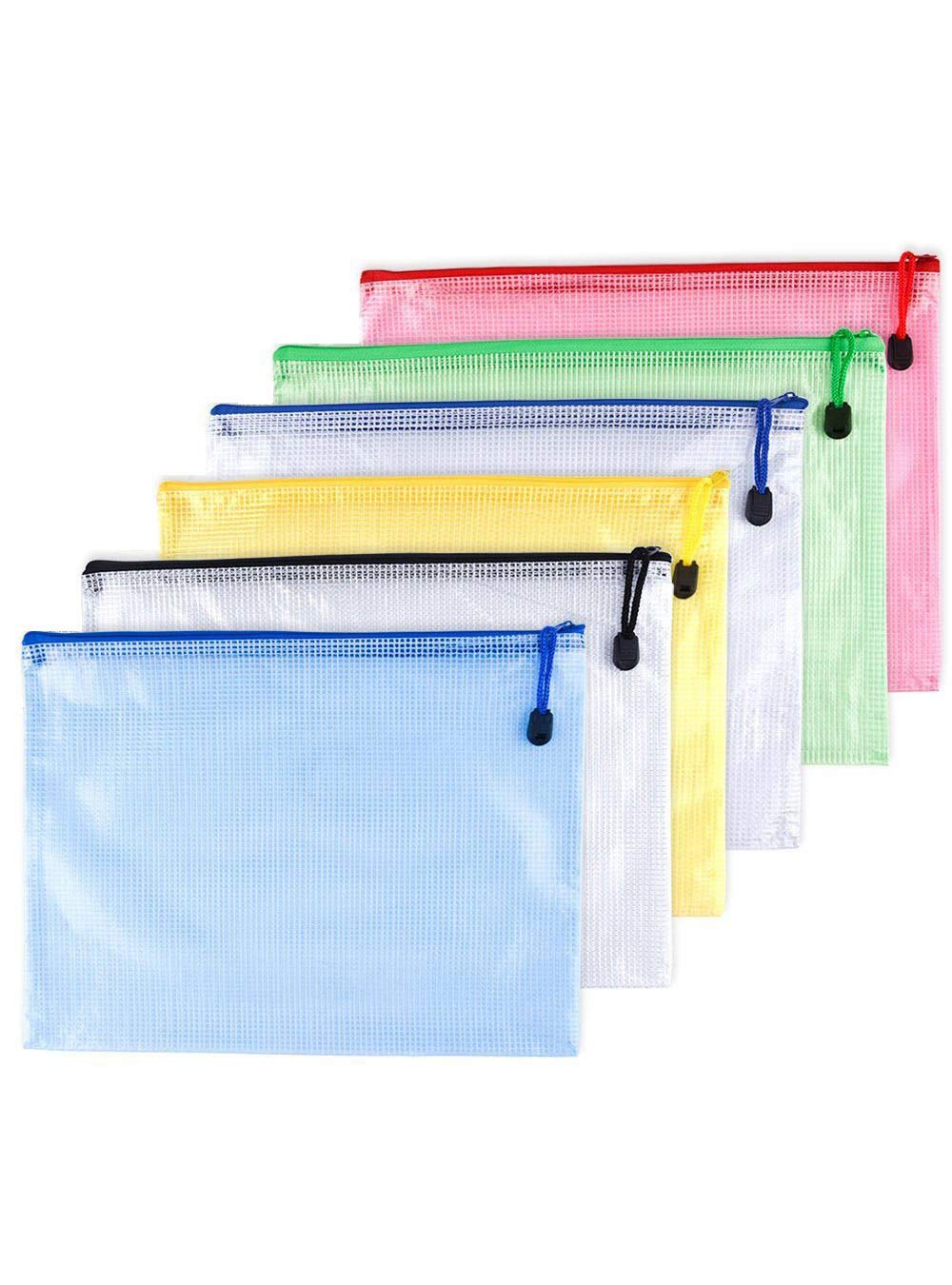6 x PVC (Polyvinyl Chloride) School Office Zip Wallets Document Folders Files Pouch Bags (Black/Blue/White/Yellow/Green/Red) B6