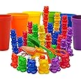 Skoolzy Rainbow Stacking Bears with Matching Sorting Cups 69 Piece Set, 60 Bear counters, Scissor Tongs, Rainbow Cups, Storage Bag, Sorting dice Game