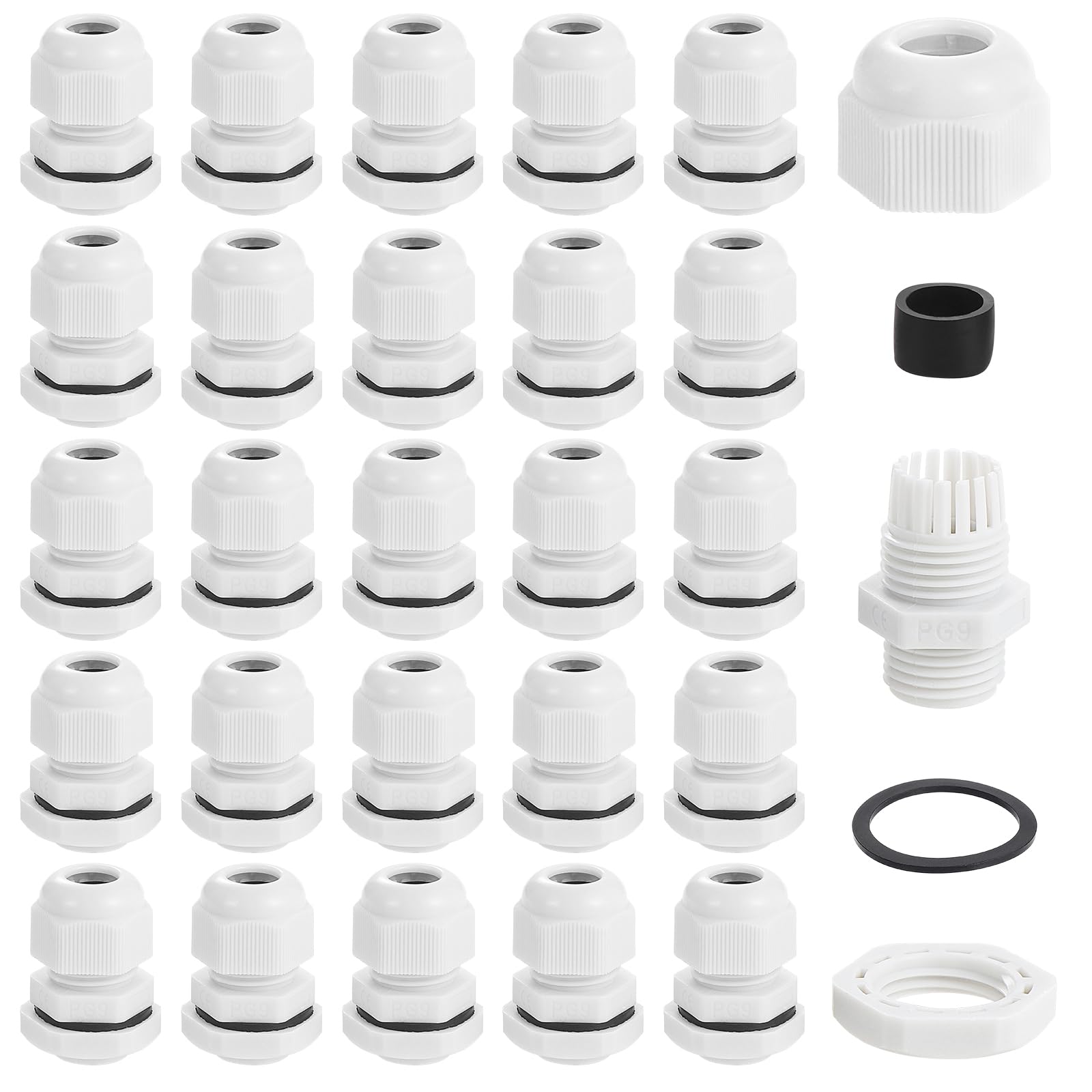 eROOSY 25 Pcs Cable Glands Waterproof PG9 Adjustable Cable Glands, Nylon Cable Glands for Cables with a Diameter of 4-8mm, Waterproof Nylon Cable Glands, White