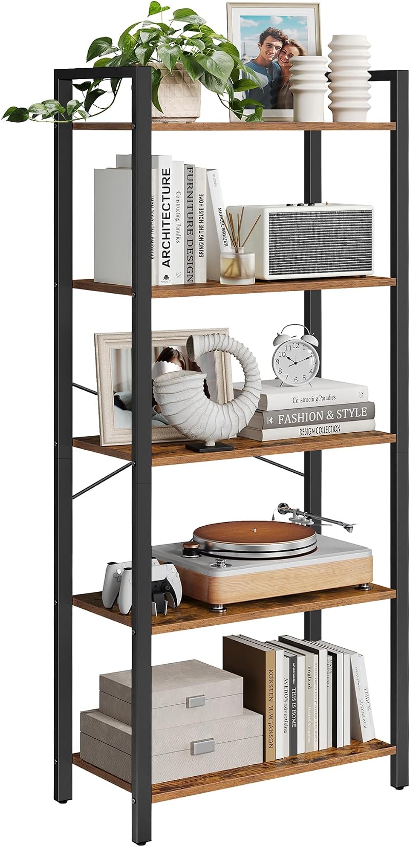 VASAGLE 5-Tier Bookcase Shelf 30 x 66 x 153 cm Rustic Brown Ink Black LLS061B01