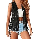 Women Western Tassels Vest Tops 70s Hippie Faux Suede Fringe Vests Jacket Cardigan Open Front Rodeo Cowgirl Shirt