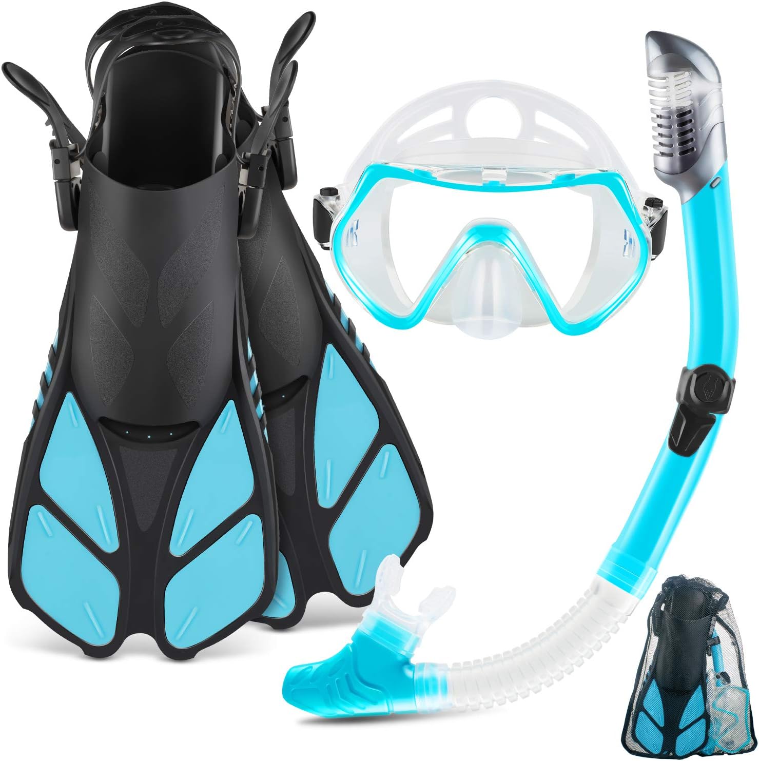 ZEEPORTE Mask Fin Snorkel Set with Adult Snorkeling Gear, Panoramic View Diving Mask, Trek Fin, Dry Top Snorkel +Travel Bags, Snorkel for Lap Swimming