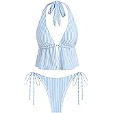 ZAFUL Women's Backless Halter Bikini Set Tie Side Cheeky 2 Piece Swimsuit | Open Front Striped Tankini Set Y2K String Swimwear Thong Two Piece Bathing Suit