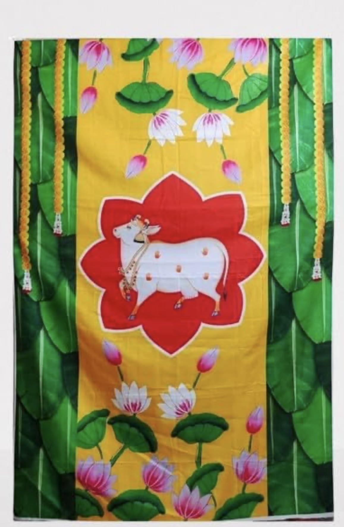 Photo 1 of Pichwai Dhenu Cow Indian Photo Backdrop Traditional Pooja Backdrop Decoration Banana Leaf Cloth Pooja Ganesha Decoration Home Temple Pooja Backdrop (5x8FT) Navratri Gollu Diwali Photo Booth Props