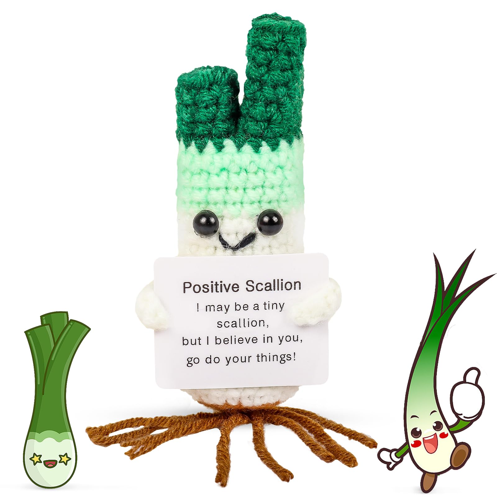 KufaerBeam Funny Vegetable Crochet Plushies - Positive Scallion with Card, Motivational Mental Health Gifts for Friends and Colleagues