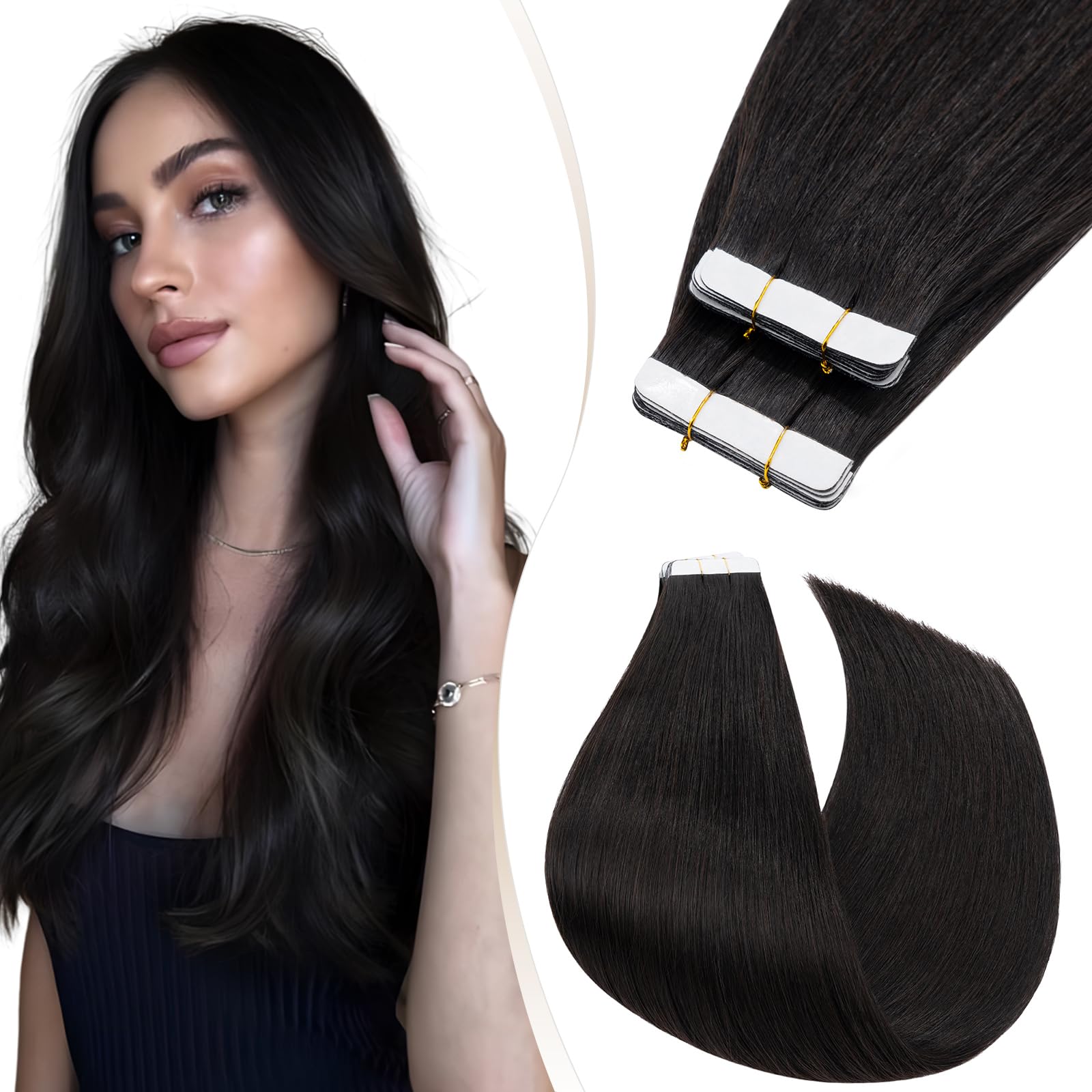 Elailite Tape in Extensions Human Hair 40 pcs Thin Weft - Seamless Skin Weft Remy Hair Extensions Straight (#1B Natural Black, 14 Inch (60 g))